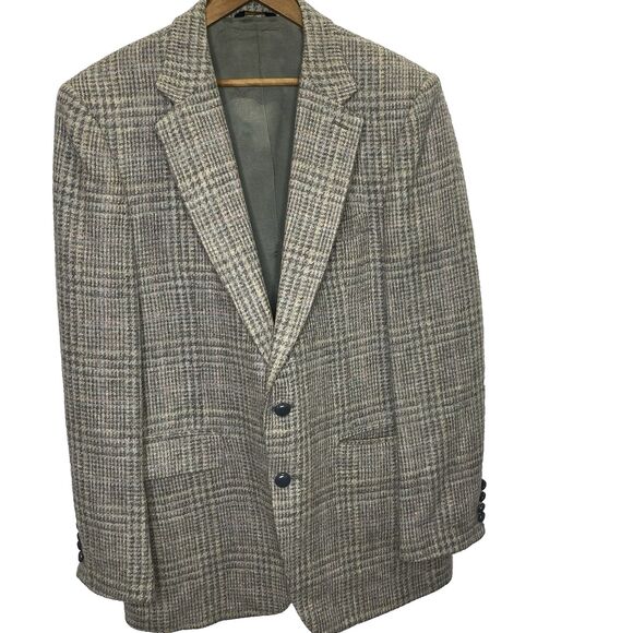 Vintage OAKTON LTD Blazer 100% Wool Plaid Tweed Sport Coat Jacket Mens 42L Gray - Picture 1 of 13